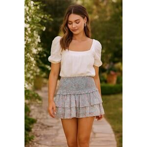 Altar’d State Floral Ruffle Smocked Mini Skirt Blue Pink Boho Feminine NWT | XS